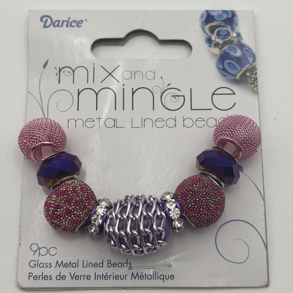 9 pc Darice° Mix & Mingle Glass metal lined beads Pink Fuchisa AJM-1999-5637